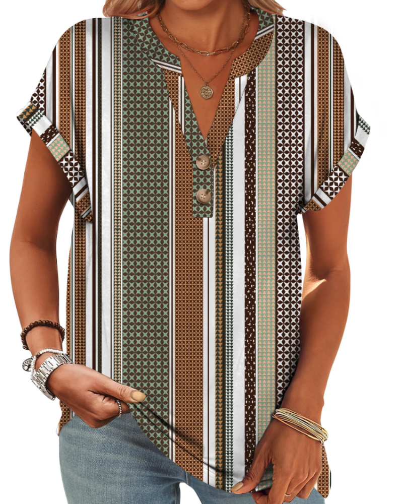 Manon Topp Dame – Henley-bluse med V-hals og knapper, ledig og elegant sommerstil
