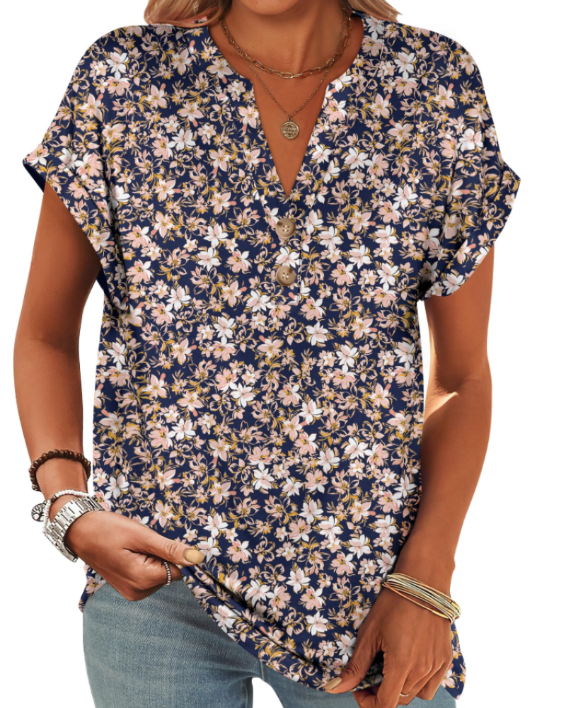 Manon Topp Dame – Henley-bluse med V-hals og knapper, ledig og elegant sommerstil