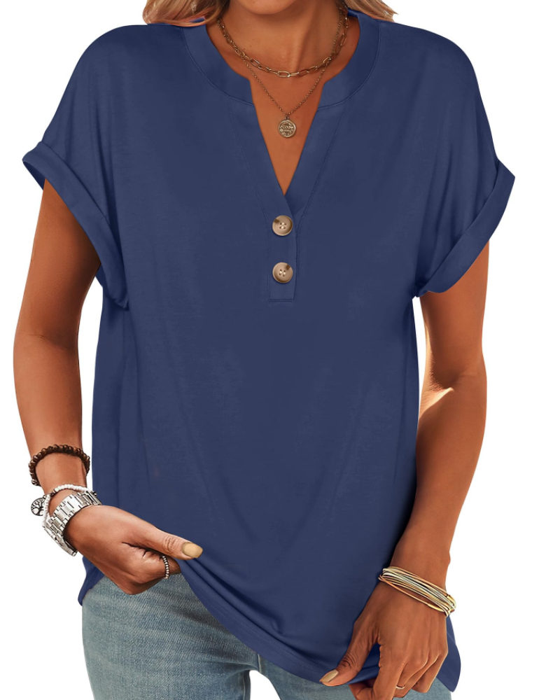 Manon Topp Dame – Henley-bluse med V-hals og knapper, ledig og elegant sommerstil
