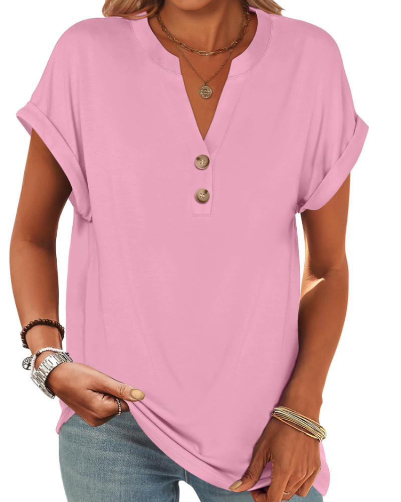 Manon Topp Dame – Henley-bluse med V-hals og knapper, ledig og elegant sommerstil