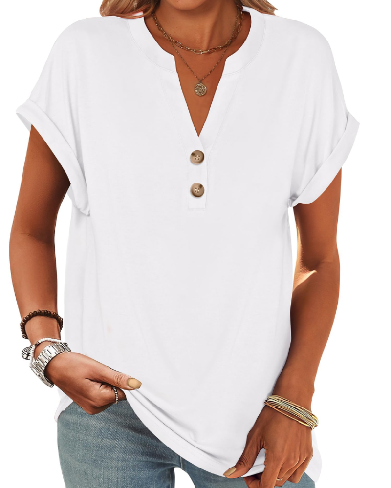 Manon Topp Dame – Henley-bluse med V-hals og knapper, ledig og elegant sommerstil