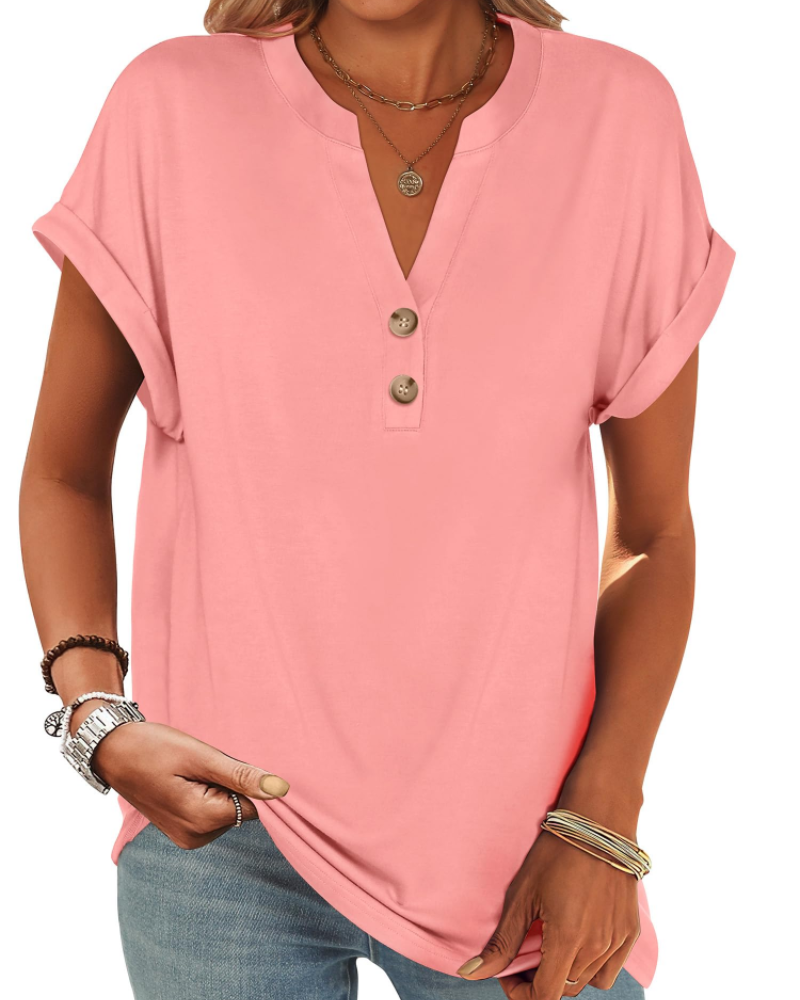 Manon Topp Dame – Henley-bluse med V-hals og knapper, ledig og elegant sommerstil