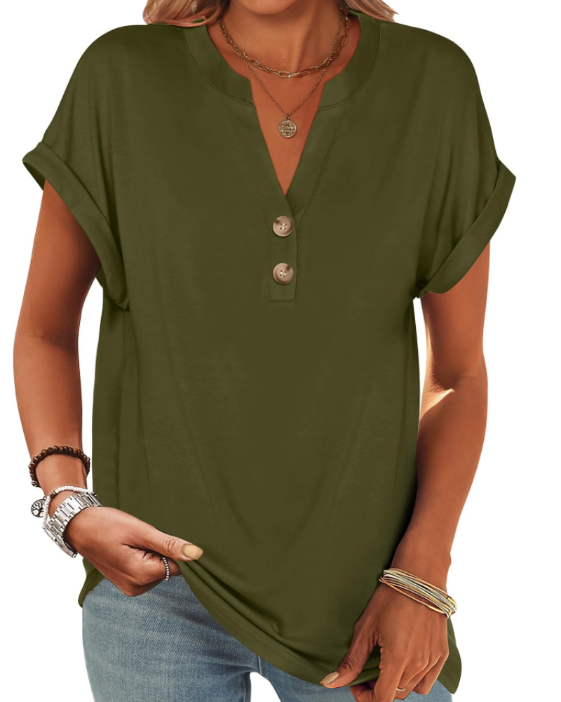 Manon Topp Dame – Henley-bluse med V-hals og knapper, ledig og elegant sommerstil