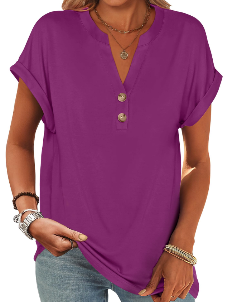 Manon Topp Dame – Henley-bluse med V-hals og knapper, ledig og elegant sommerstil