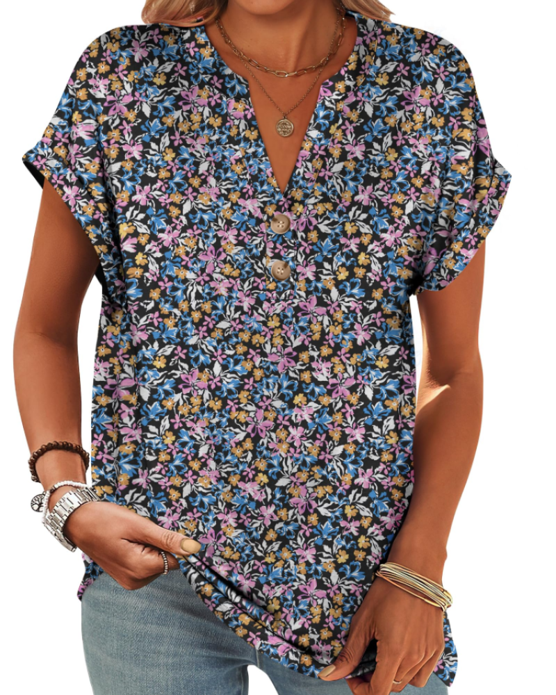 Manon Topp Dame – Henley-bluse med V-hals og knapper, ledig og elegant sommerstil