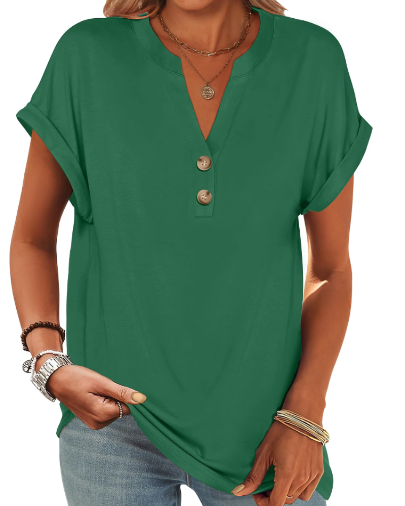 Manon Topp Dame – Henley-bluse med V-hals og knapper, ledig og elegant sommerstil