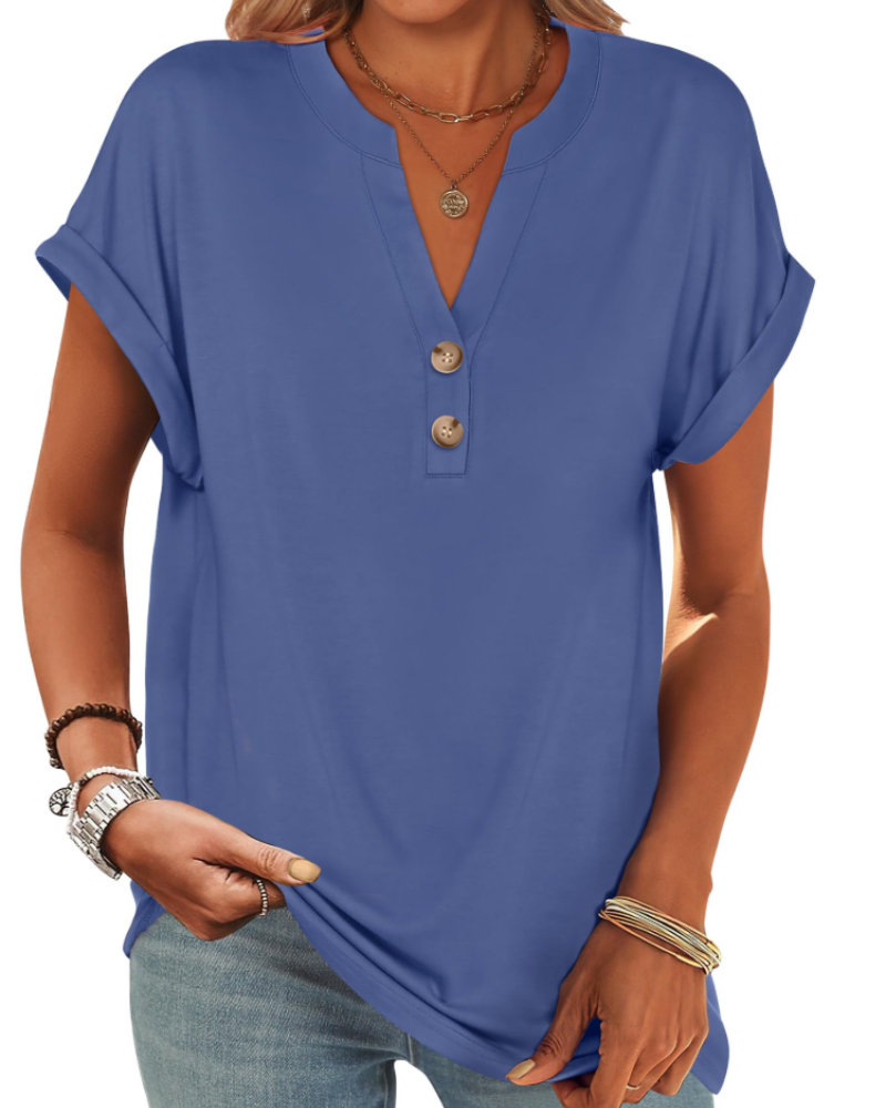 Manon Topp Dame – Henley-bluse med V-hals og knapper, ledig og elegant sommerstil