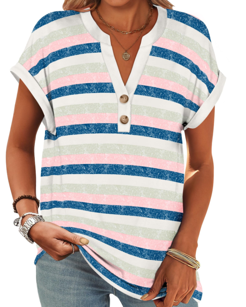 Manon Topp Dame – Henley-bluse med V-hals og knapper, ledig og elegant sommerstil