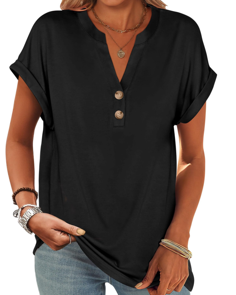 Manon Topp Dame – Henley-bluse med V-hals og knapper, ledig og elegant sommerstil
