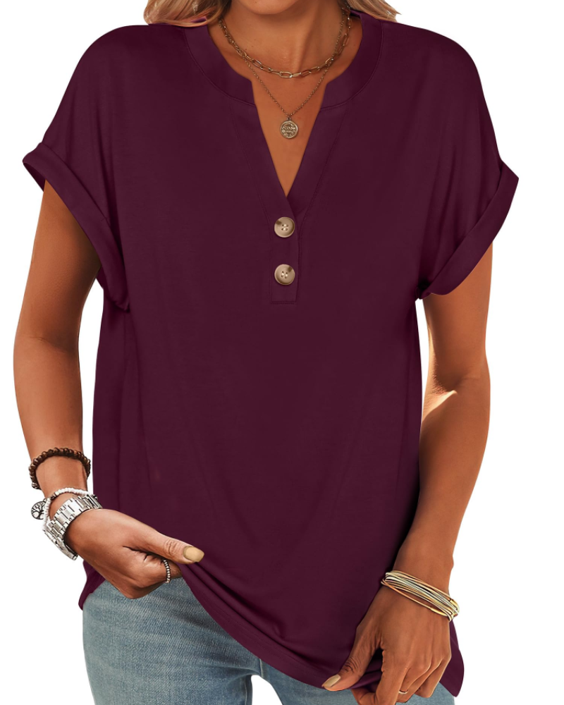 Manon Topp Dame – Henley-bluse med V-hals og knapper, ledig og elegant sommerstil