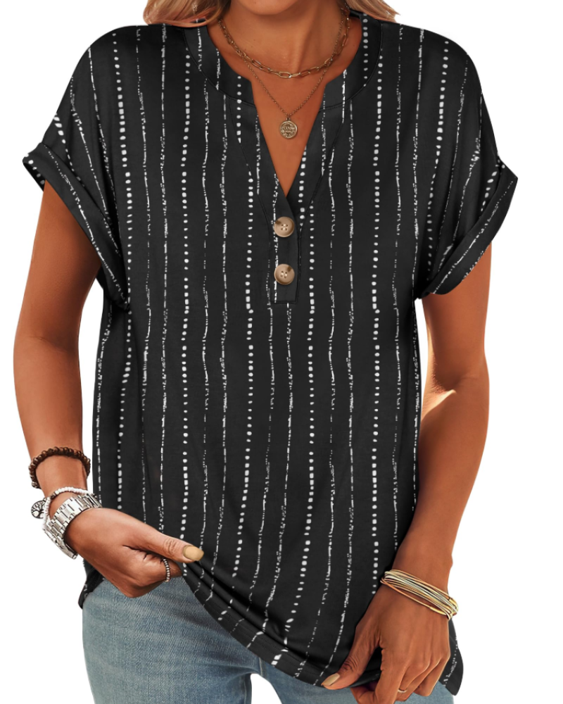 Manon Topp Dame – Henley-bluse med V-hals og knapper, ledig og elegant sommerstil