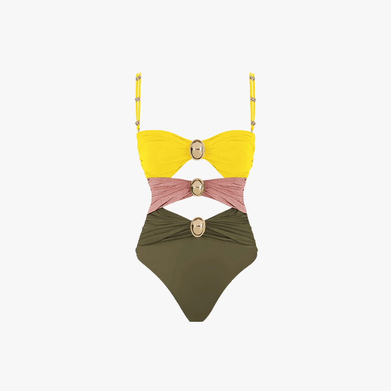 Issa Maillot de Bain Mujer – Una Pieza Recortado con Anillos Dorados y Diseño Colorblock