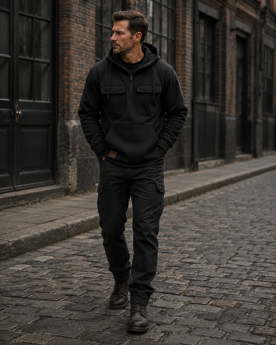 Sweat com capuz masculino Cormac – meio fecho-éclair, tecido de malha polar espesso e bolsos utilitários