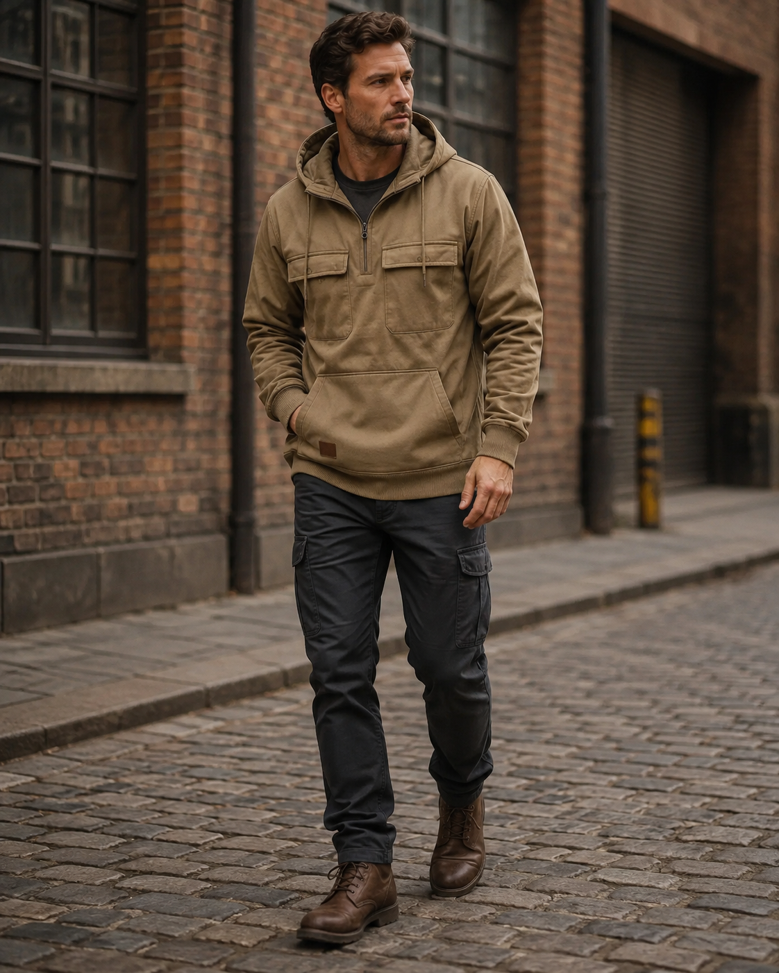 Sweat com capuz masculino Cormac – meio fecho-éclair, tecido de malha polar espesso e bolsos utilitários