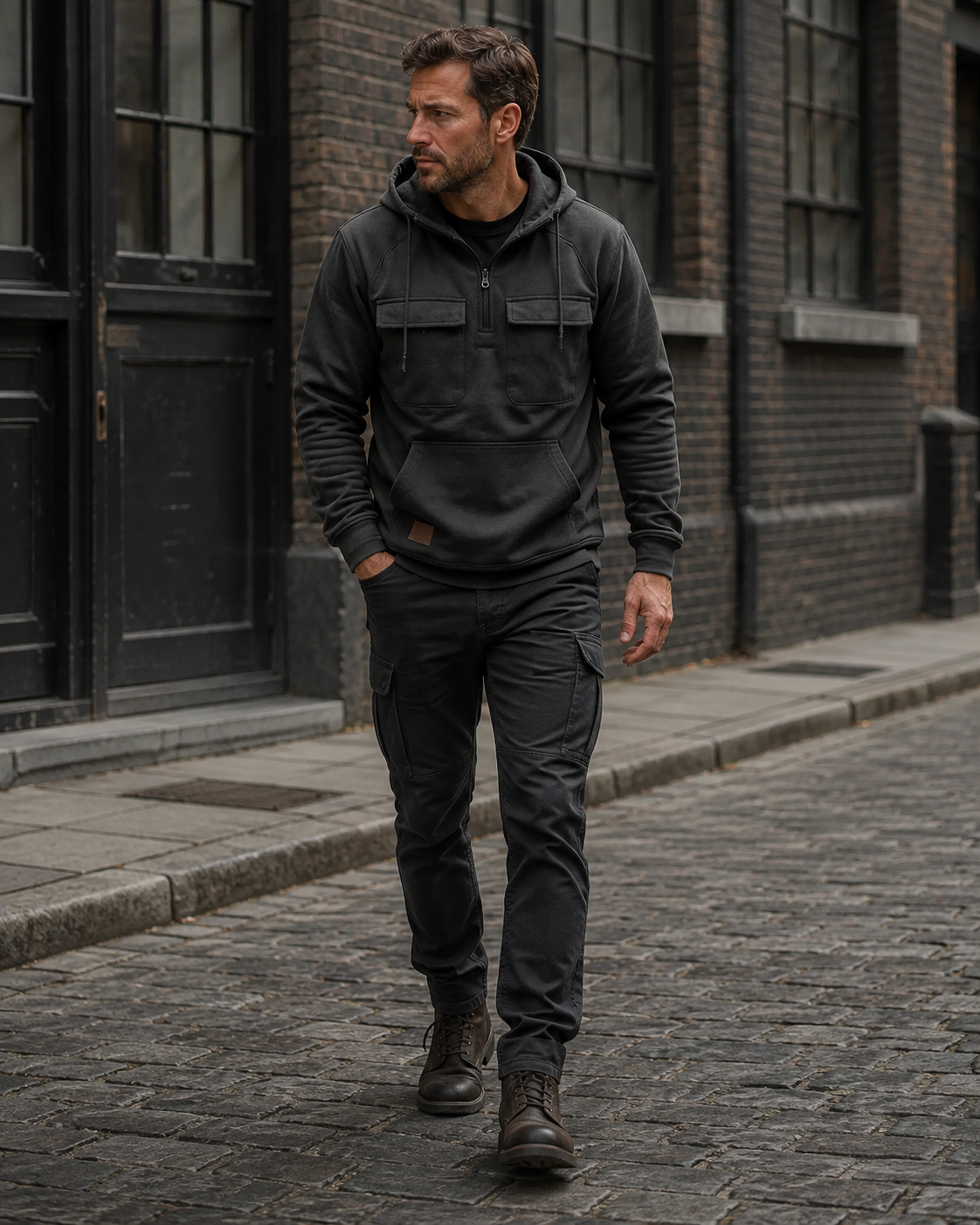 Sweat com capuz masculino Cormac – meio fecho-éclair, tecido de malha polar espesso e bolsos utilitários
