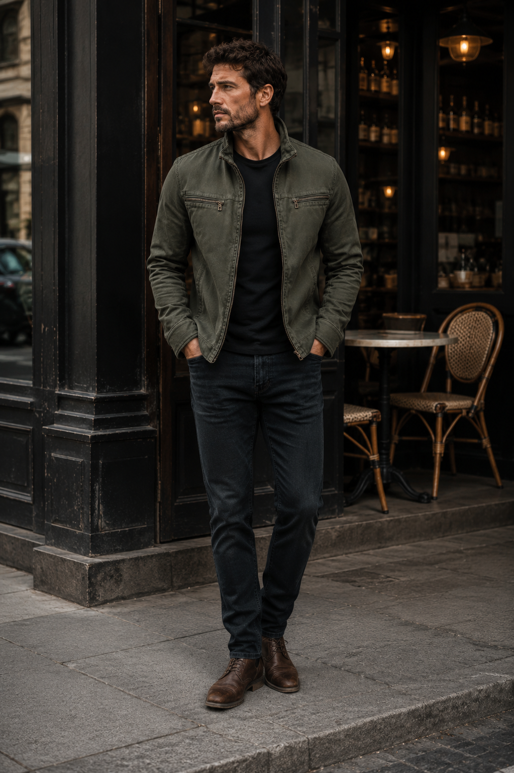 Quentin – vintage’owa męska kurtka z wypranego denimu, z kołnierzem z klapami, zamkiem błyskawicznym i wieloma kieszeniami