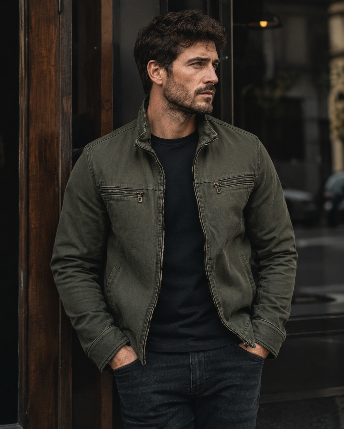 Quentin – vintage’owa męska kurtka z wypranego denimu, z kołnierzem z klapami, zamkiem błyskawicznym i wieloma kieszeniami