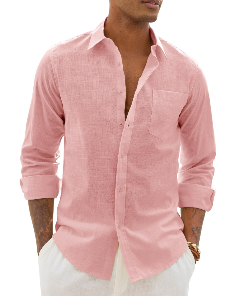 Soren Camisa de hombre de algodón y lino – Camisa transpirable de manga larga con cuello clásico