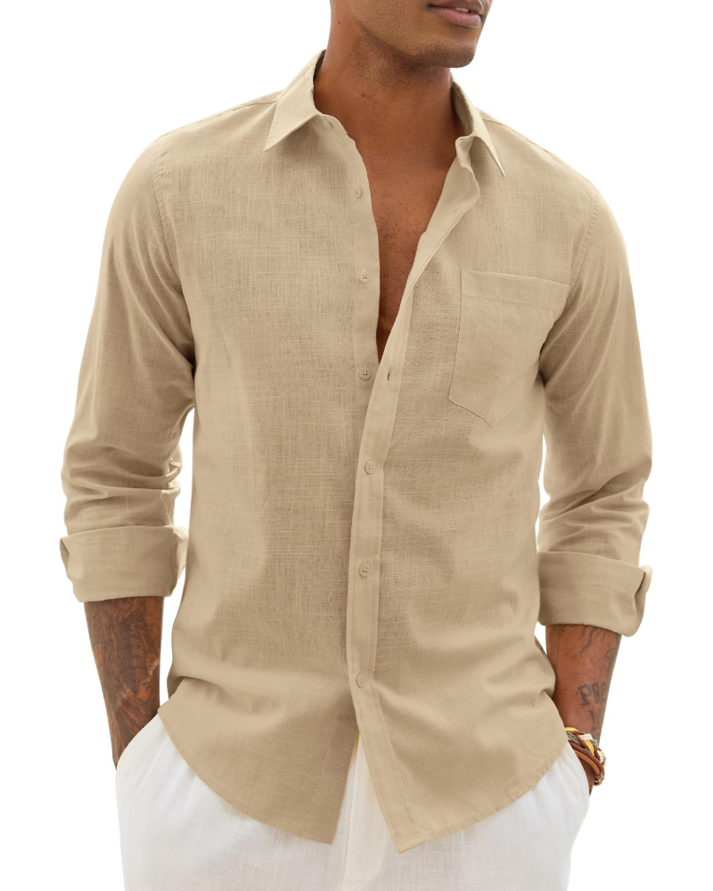 Soren Camisa de hombre de algodón y lino – Camisa transpirable de manga larga con cuello clásico