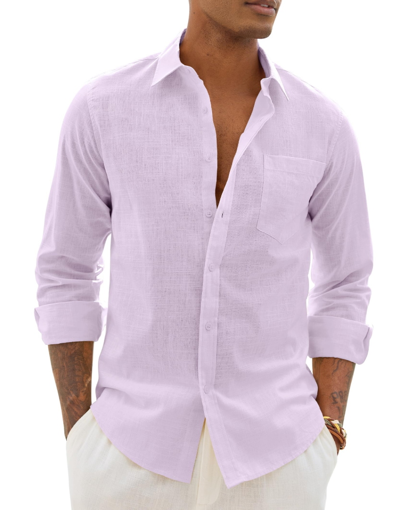 Soren Camisa de hombre de algodón y lino – Camisa transpirable de manga larga con cuello clásico