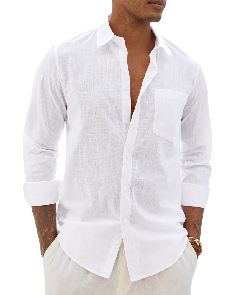 Soren Camisa de hombre de algodón y lino – Camisa transpirable de manga larga con cuello clásico