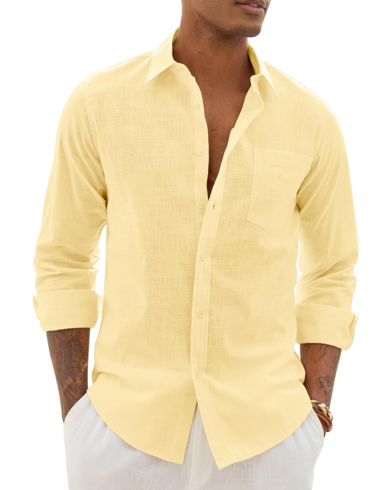 Soren Camisa de hombre de algodón y lino – Camisa transpirable de manga larga con cuello clásico