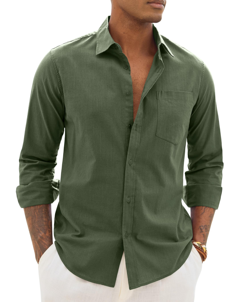 Soren Camisa de hombre de algodón y lino – Camisa transpirable de manga larga con cuello clásico