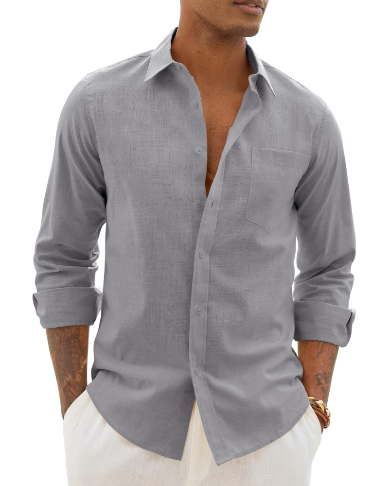 Soren Camisa de hombre de algodón y lino – Camisa transpirable de manga larga con cuello clásico