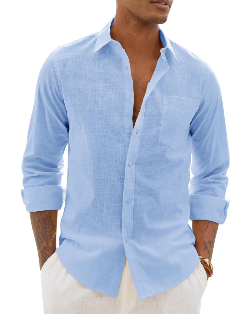 Soren Camisa de hombre de algodón y lino – Camisa transpirable de manga larga con cuello clásico