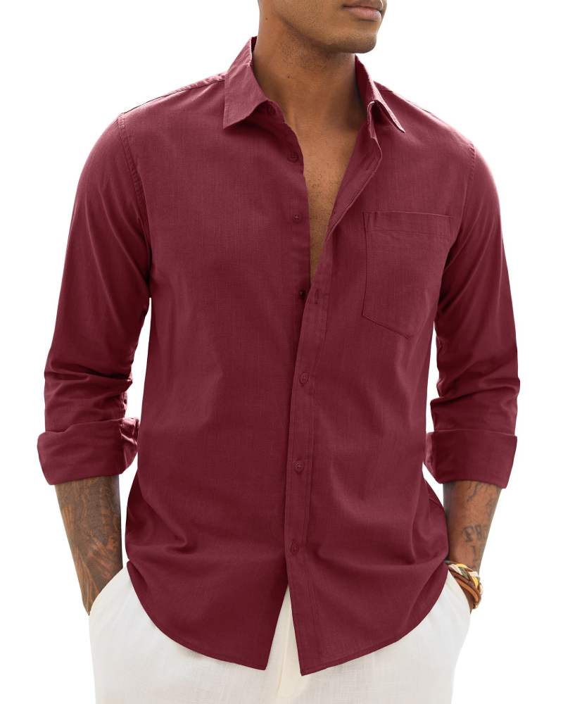Soren Camisa de hombre de algodón y lino – Camisa transpirable de manga larga con cuello clásico