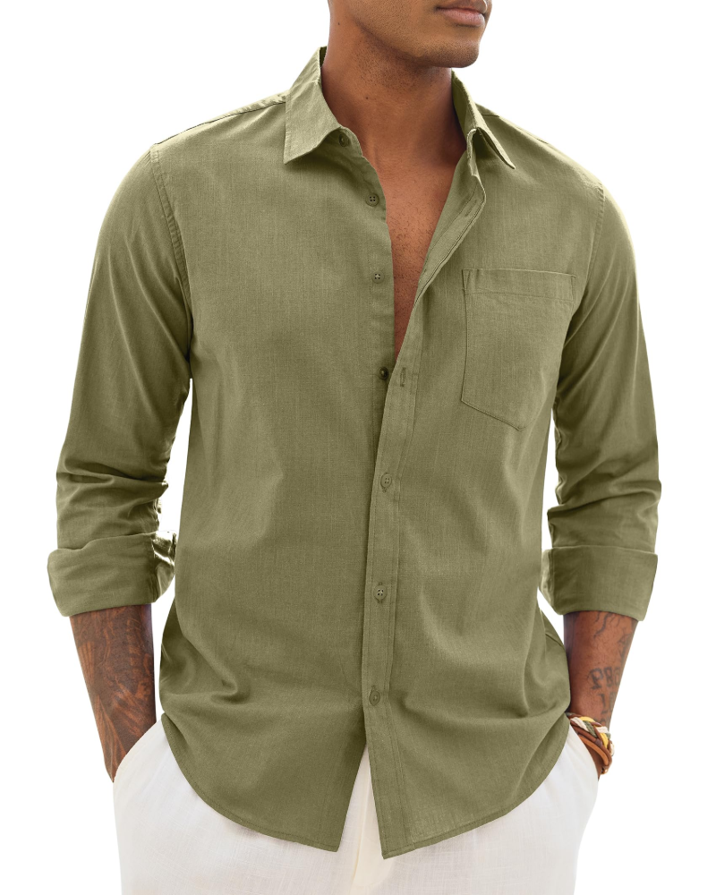 Soren Camisa de hombre de algodón y lino – Camisa transpirable de manga larga con cuello clásico