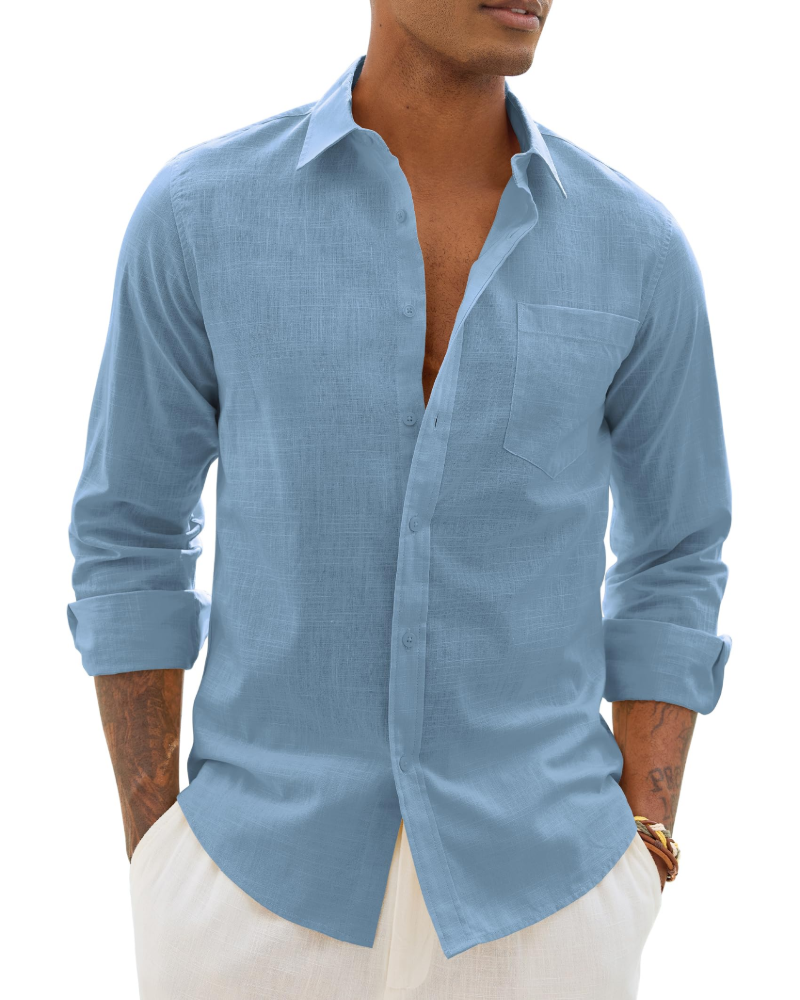 Soren Camisa de hombre de algodón y lino – Camisa transpirable de manga larga con cuello clásico