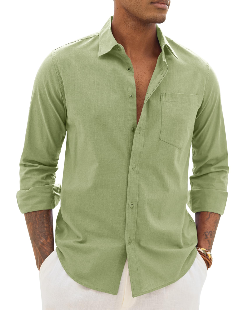 Soren Camisa de hombre de algodón y lino – Camisa transpirable de manga larga con cuello clásico