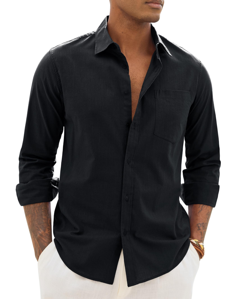 Soren Camisa de hombre de algodón y lino – Camisa transpirable de manga larga con cuello clásico