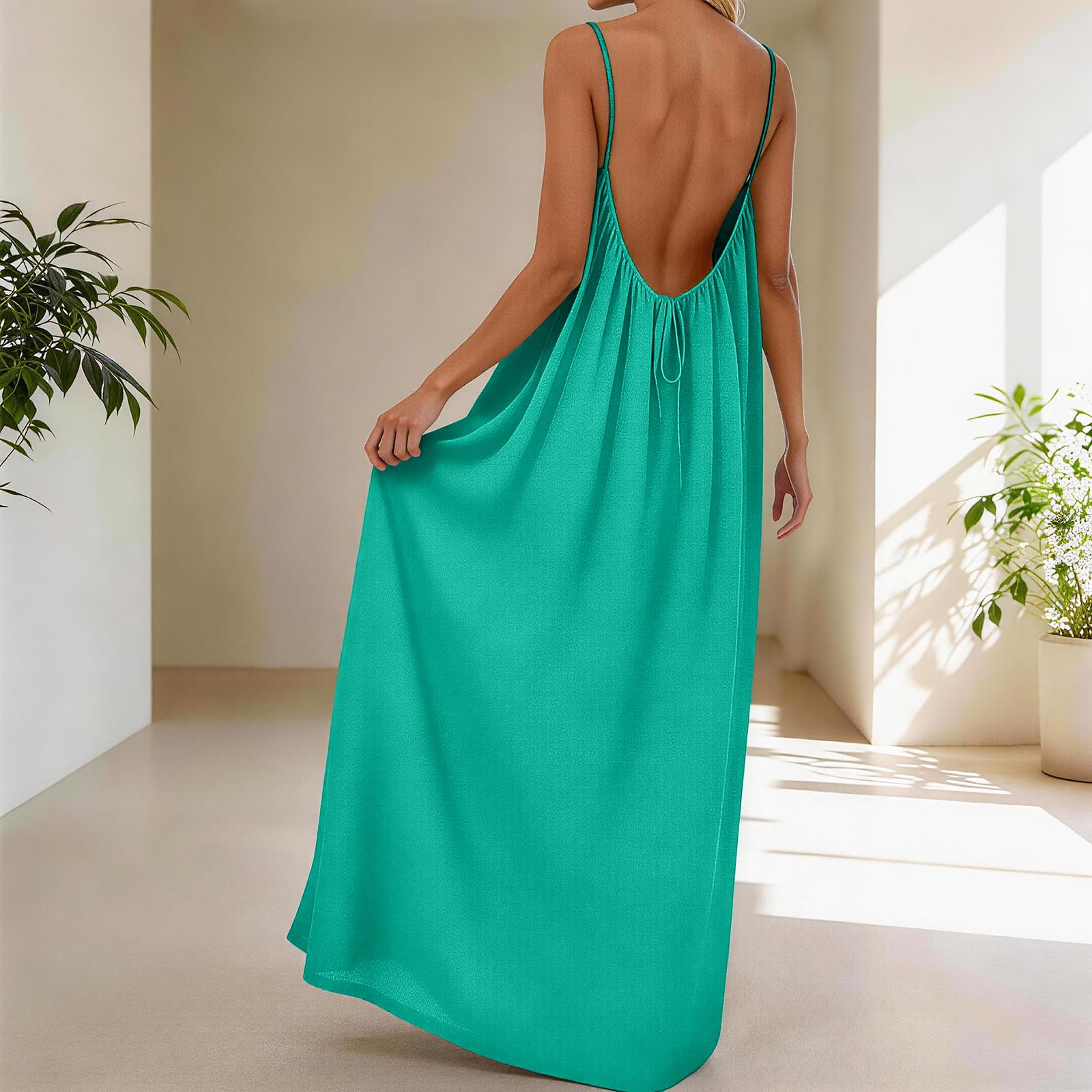 Rowena Maxi-jurk Dames – Open Rug, Verstelbare Bandjes & Effen Zomerjurk met Vloeiende A-lijn