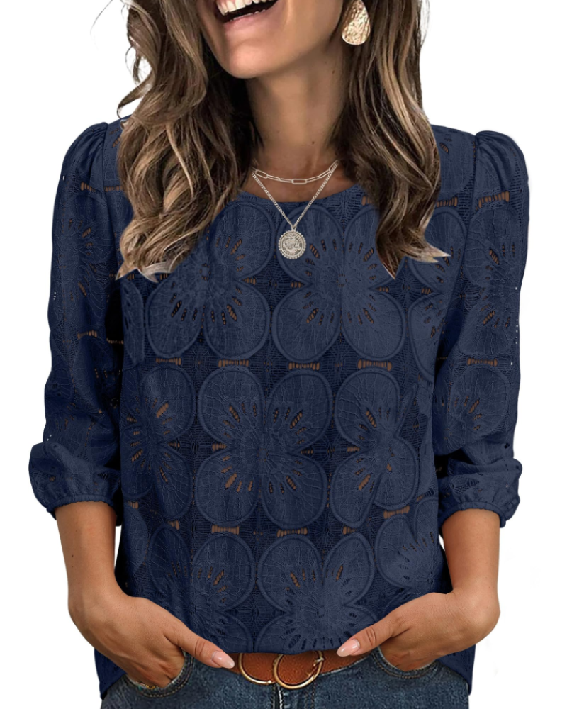 Nolia Bluse Damen – Top mit Lochstickerei und 3/4-Ärmeln, Voluminös, Eleganter Casual-Chic-Stil