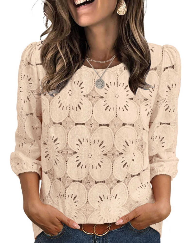 Nolia Bluse Damen – Top mit Lochstickerei und 3/4-Ärmeln, Voluminös, Eleganter Casual-Chic-Stil