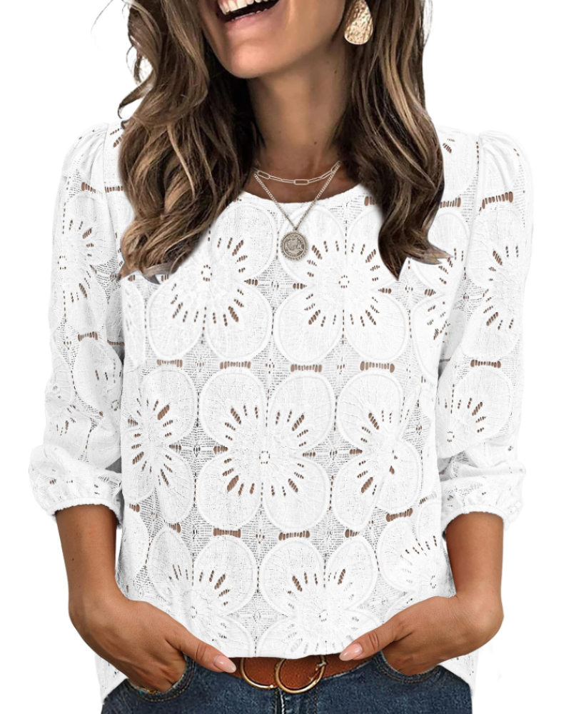 Nolia Bluse Damen – Top mit Lochstickerei und 3/4-Ärmeln, Voluminös, Eleganter Casual-Chic-Stil