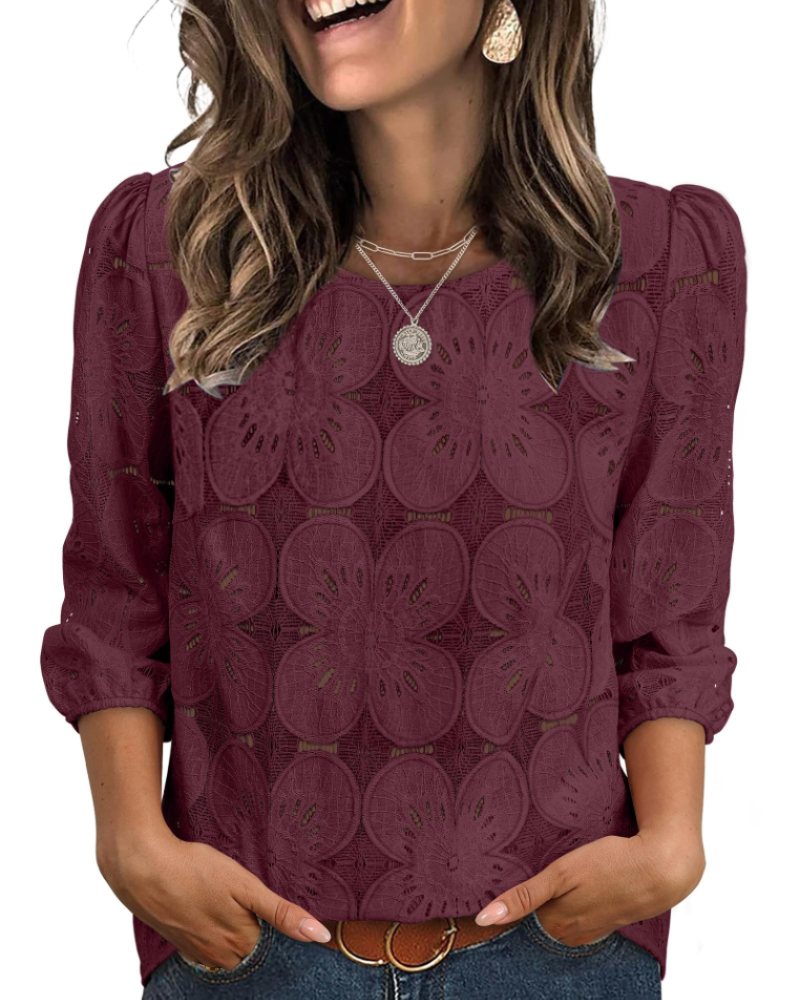 Nolia Bluse Damen – Top mit Lochstickerei und 3/4-Ärmeln, Voluminös, Eleganter Casual-Chic-Stil