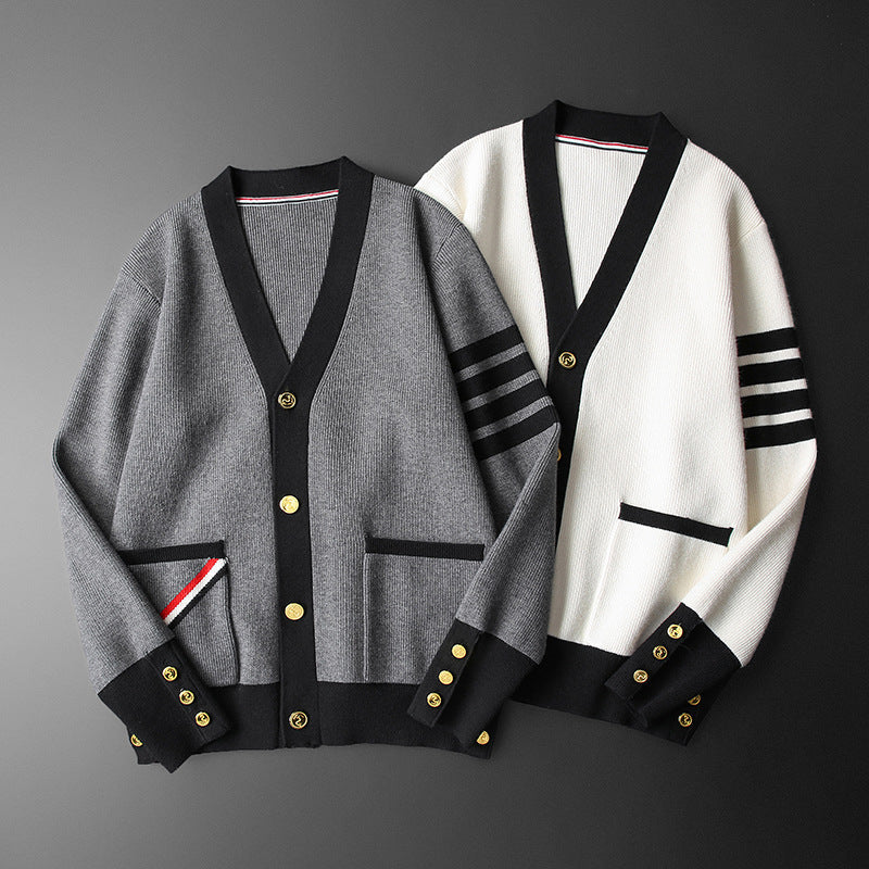 Hans Cardigan Herre Kasjmir – Elegant, Stripete med V-hals, Gullknapper og Praktiske Lommer