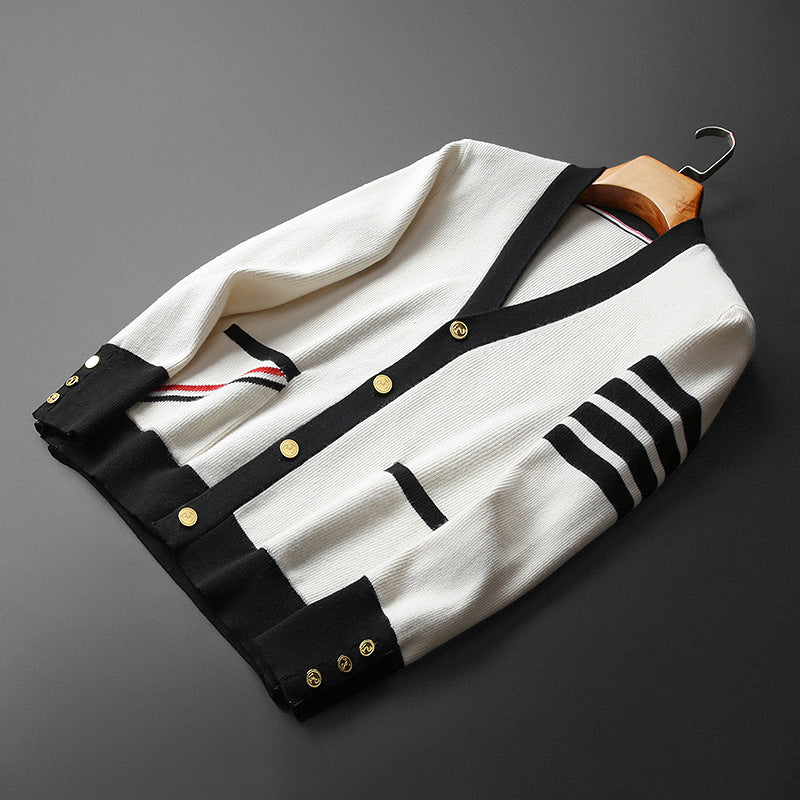Hans Cardigan Herre Kasjmir – Elegant, Stripete med V-hals, Gullknapper og Praktiske Lommer
