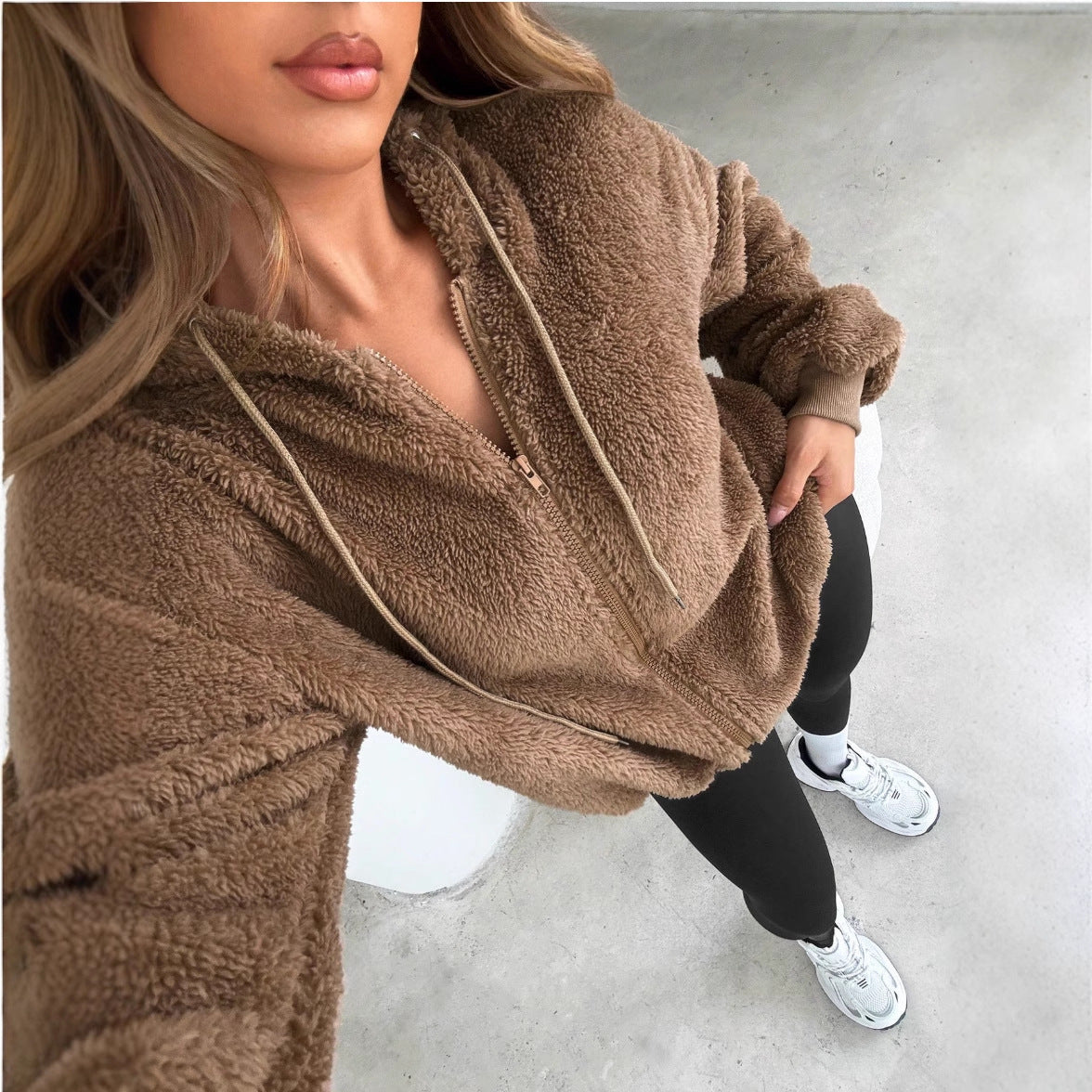 Adelyn Veste Femme – Cardigan na zip s kapucí z měkkého a teplého plyše na podzim/zimu