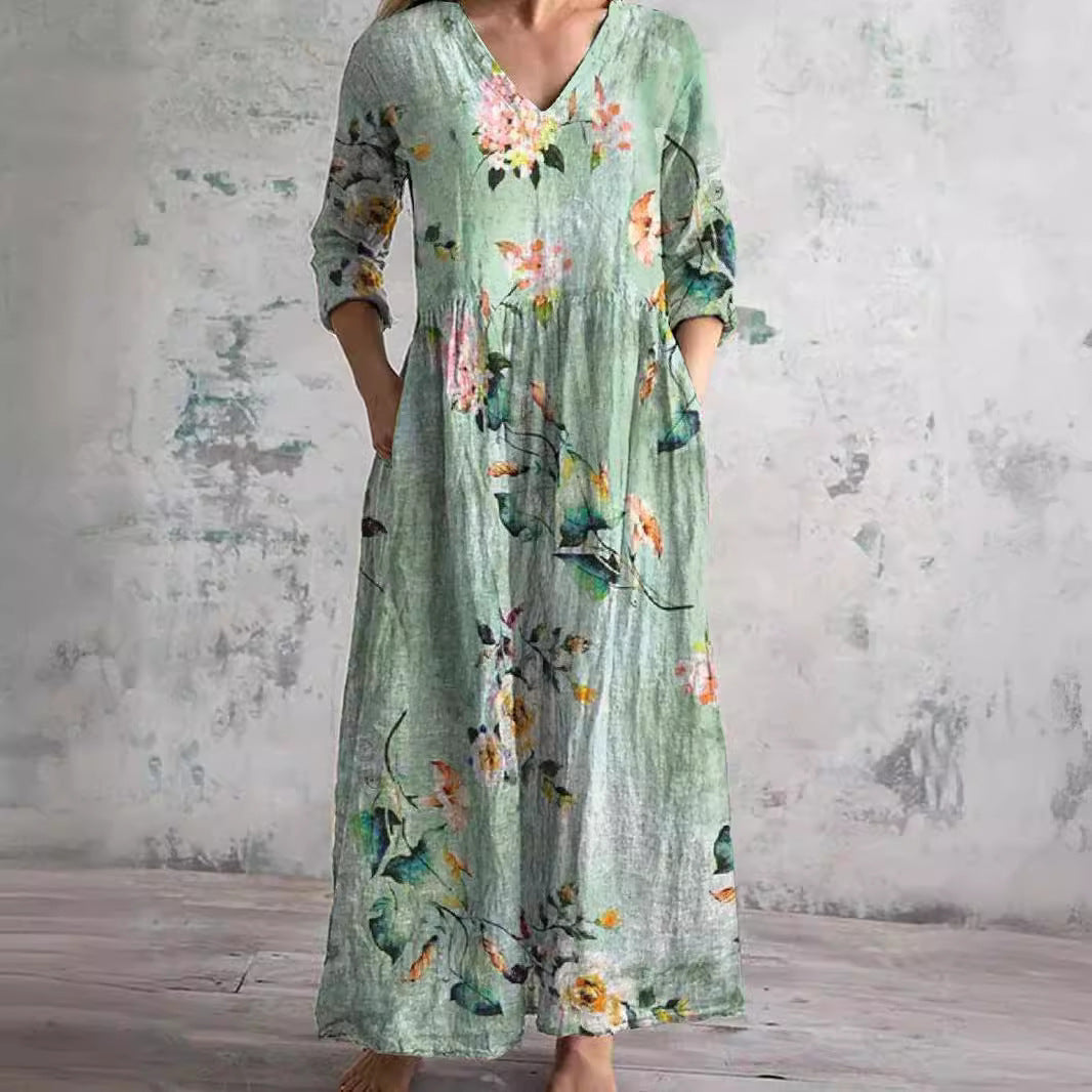 Willa Robe Longue Femme – Elegant blomsterkjole med V-hals og 3/4 ærmer