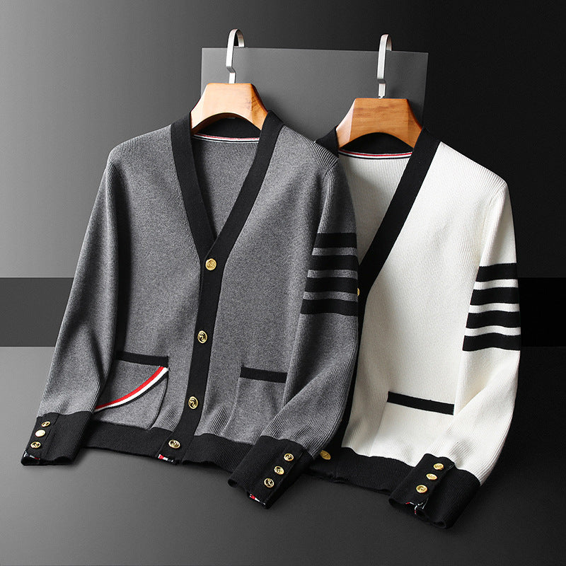 Hans Cardigan Herre Kasjmir – Elegant, Stripete med V-hals, Gullknapper og Praktiske Lommer