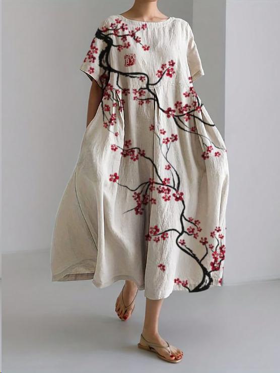 Sareno Robe Midi Femme – Robe Fleurie Légère avec Col Rond & Coupe Confortable