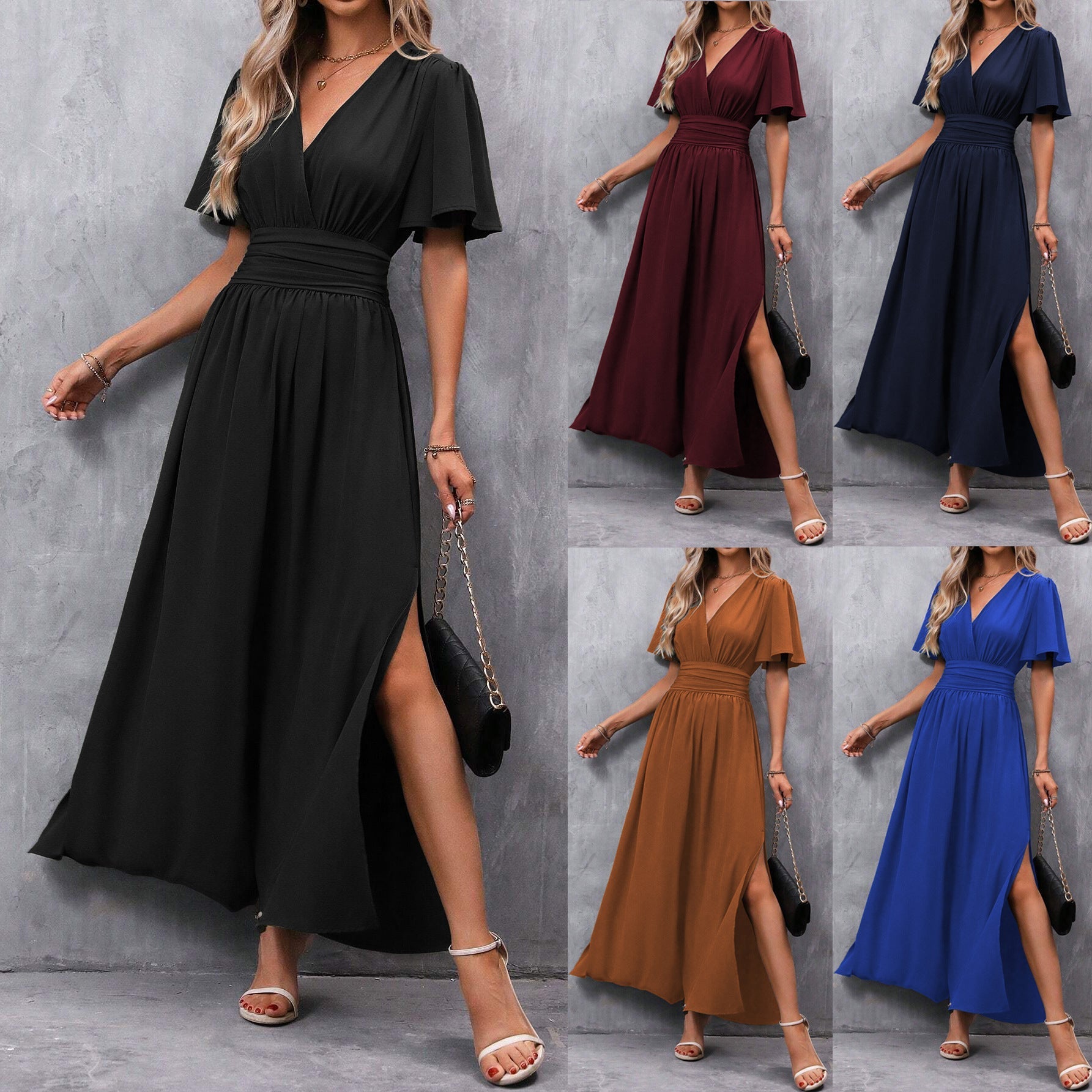 Amy női maxi elegáns köntös – fekete, V-nyak, könnyű ujjú és finom hasítékkal