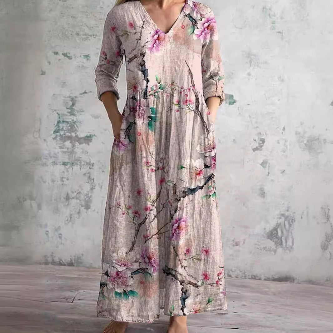 Willa Robe Longue Femme – Elegant blomsterkjole med V-hals og 3/4 ærmer