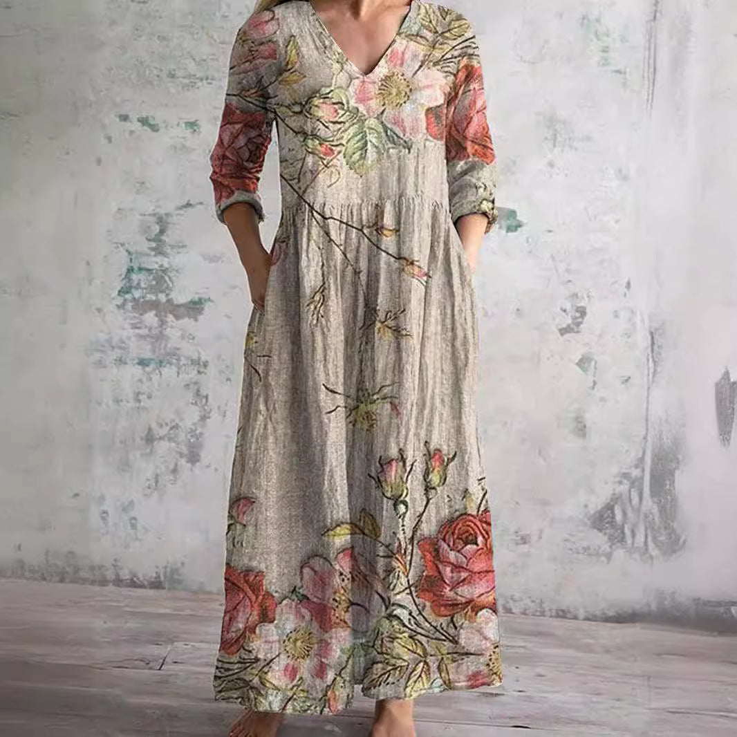 Willa Robe Longue Femme – Elegant blomsterkjole med V-hals og 3/4 ærmer
