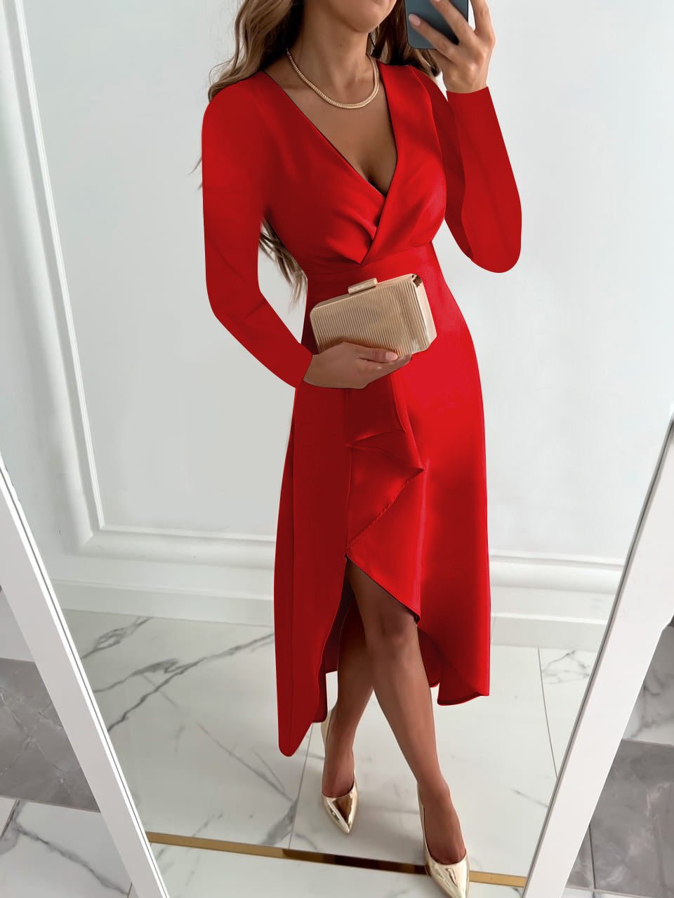 Tessa Rochie Elegantă pentru Femei – Rochie Lungă cu Mâneci Lungi cu Guler în V & Croială Șic și Confortabilă