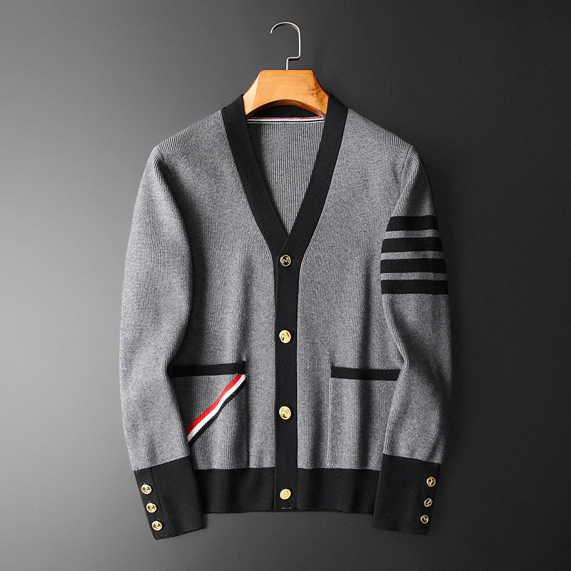 Hans Cardigan Herre Kasjmir – Elegant, Stripete med V-hals, Gullknapper og Praktiske Lommer